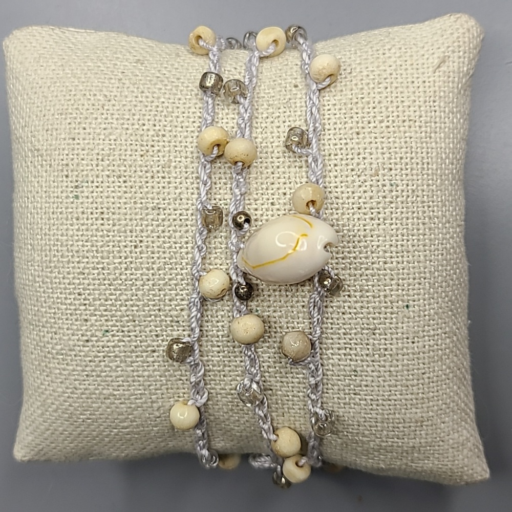 Men's Double Wrap Bracelet Light Gray Creme Beige Shell Beads Handmade Everyday